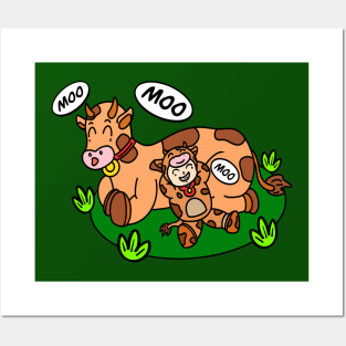 Cartoon cow and funny kid Posters and Art